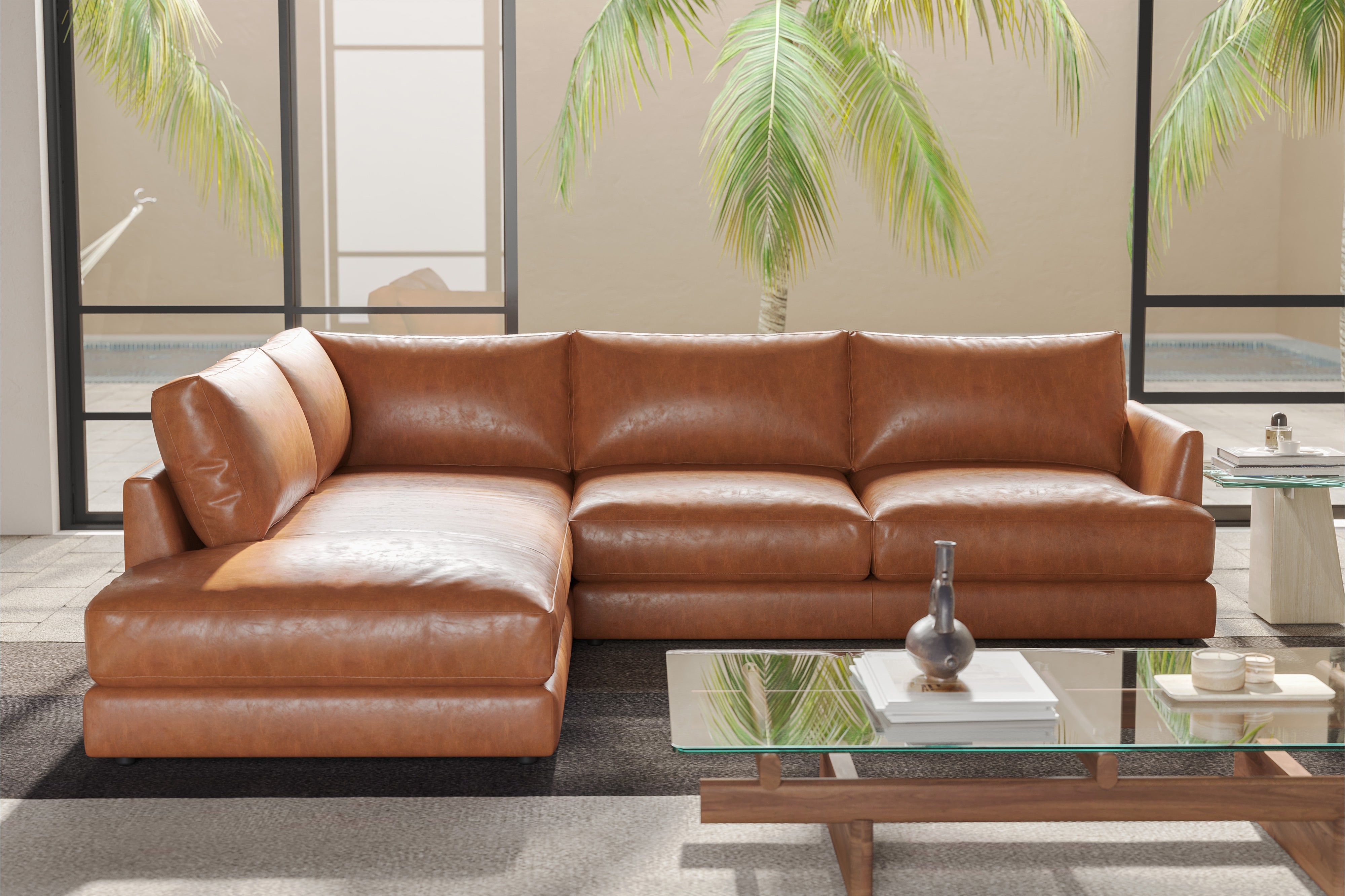 Valencia Serena Leather 2-Piece Left Bumper Chaise Sectional Sofa, Cognac