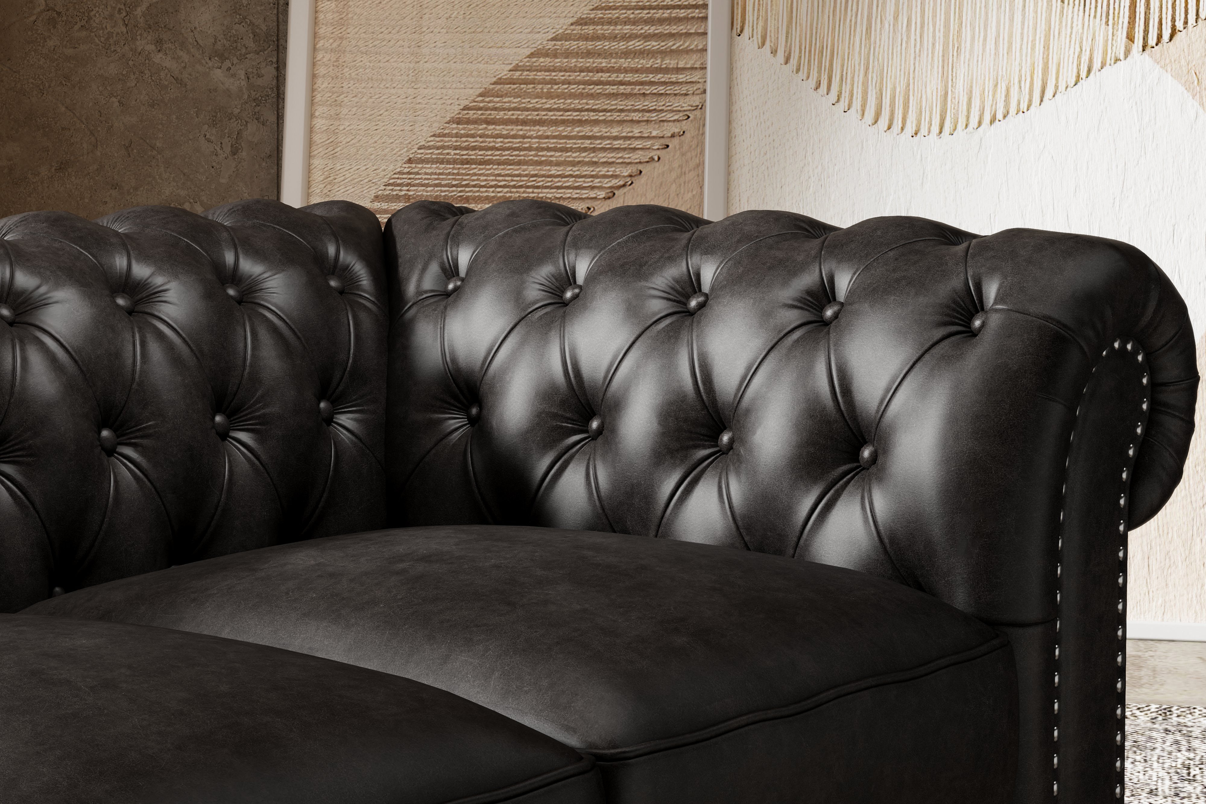 Valencia Parma 92" Full Aniline Leather Chesterfield Three Seats Sofa, Black Color