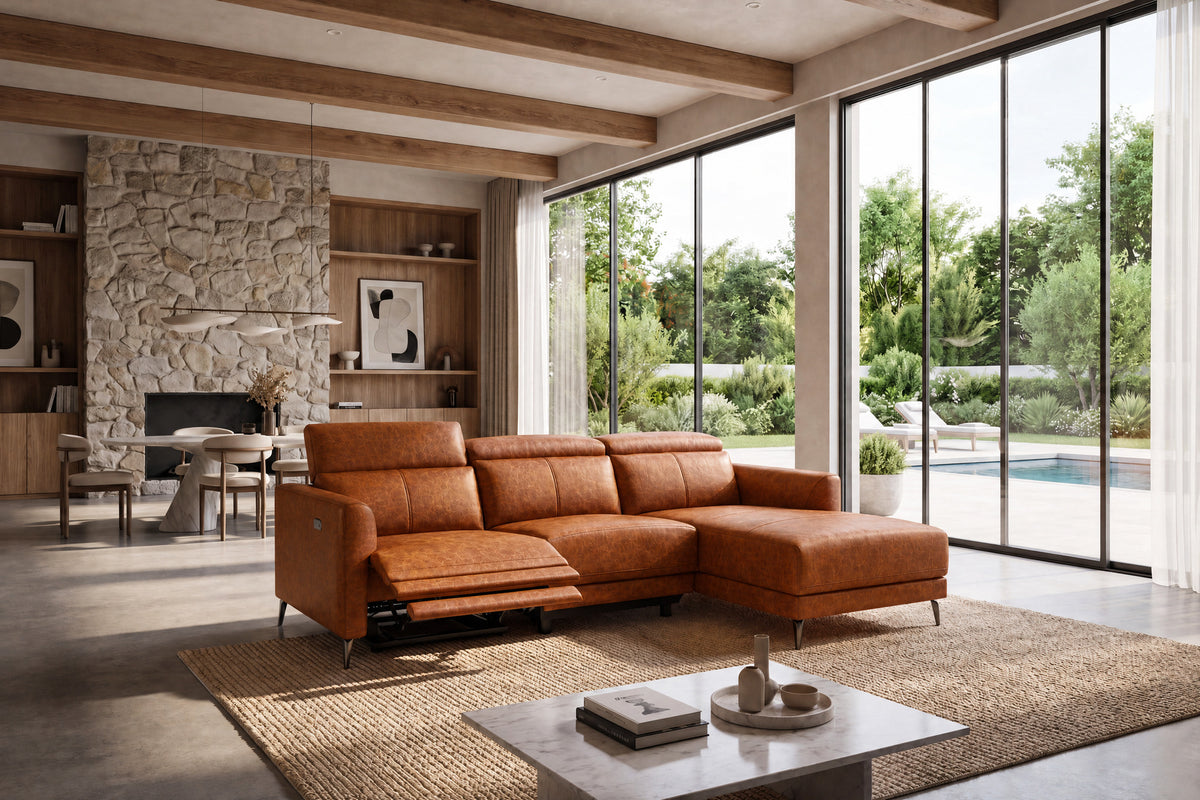 Andria Distressed Italian Aniline Leather Power Reclining Sectional Sofa