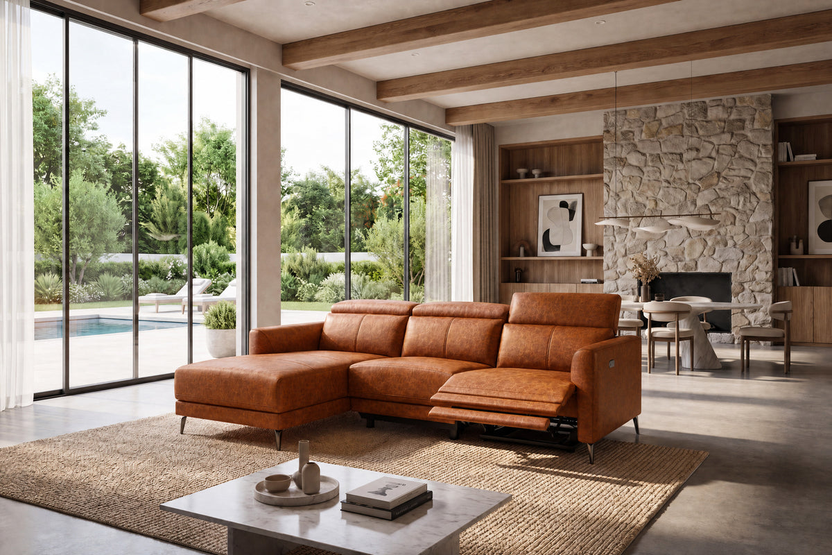 Andria Distressed Italian Aniline Leather Power Reclining Sectional Sofa