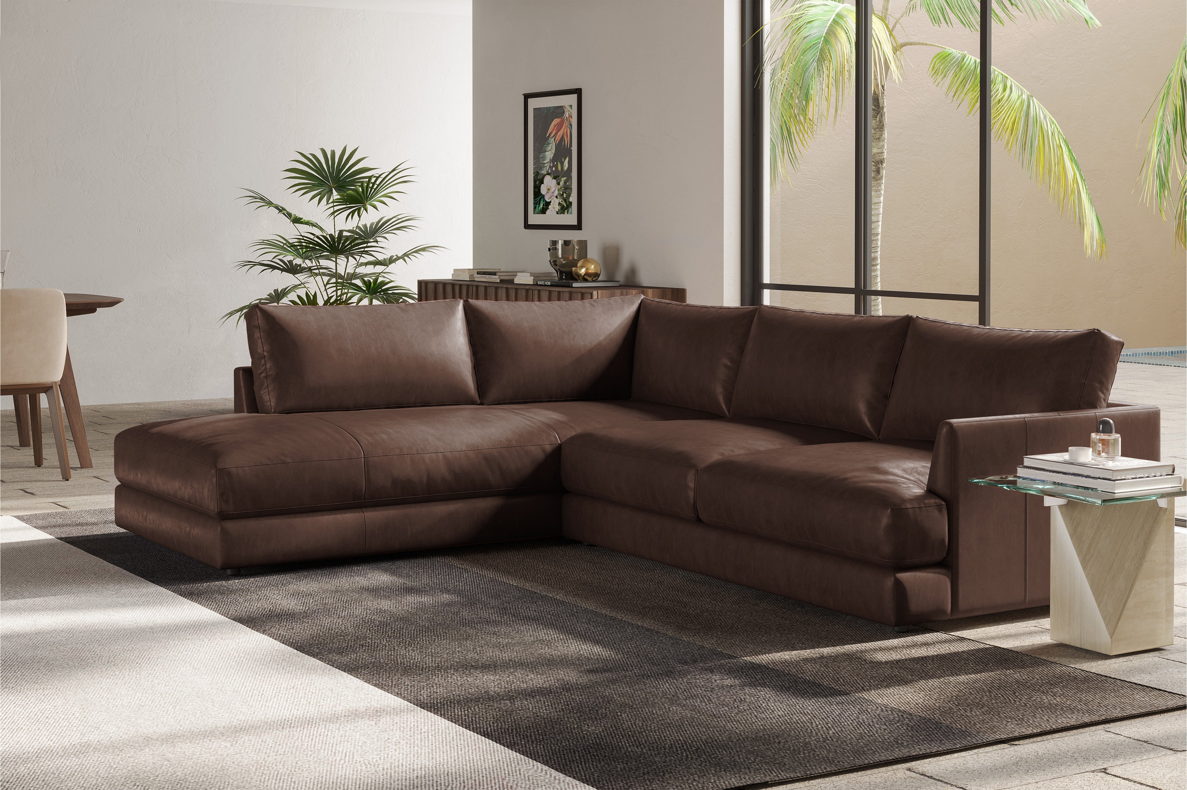 Valencia Serena Leather 2-Piece Left Bumper Chaise Sectional Sofa, Brown