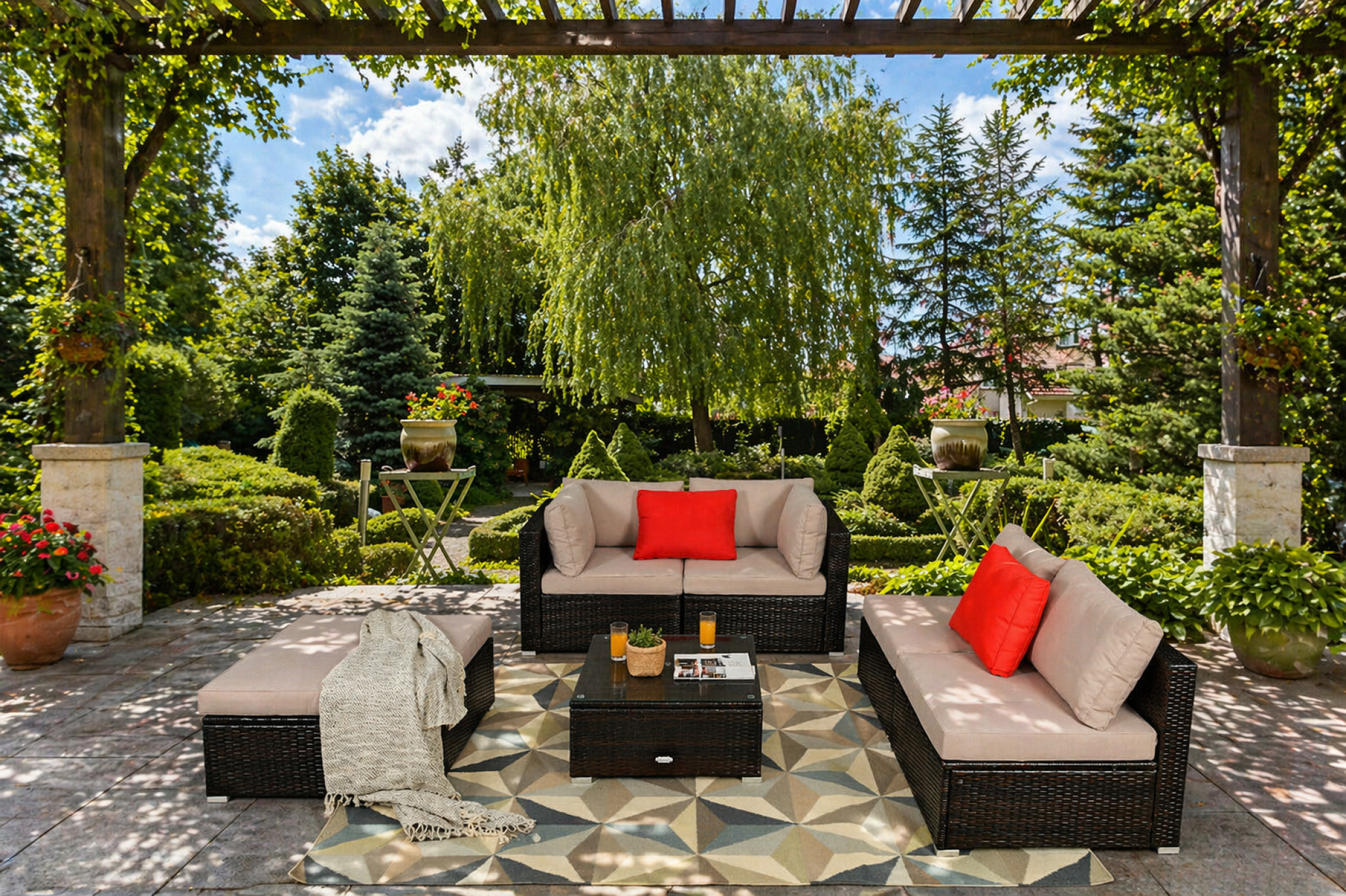 6 Pieces Outdoor Patio Rattan Furniture Set Sofa Ottoman