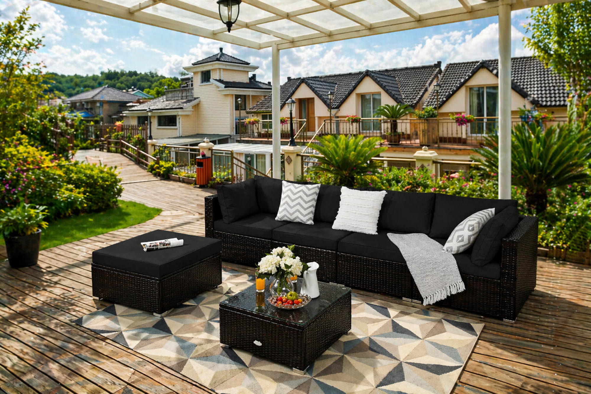 6 Pieces Outdoor Patio Rattan Furniture Set Sofa Ottoman
