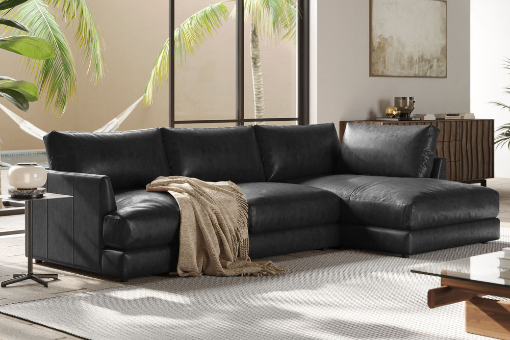 Valencia Serena Leather Three Seats with Right Chaise Sectional Sofa, Black