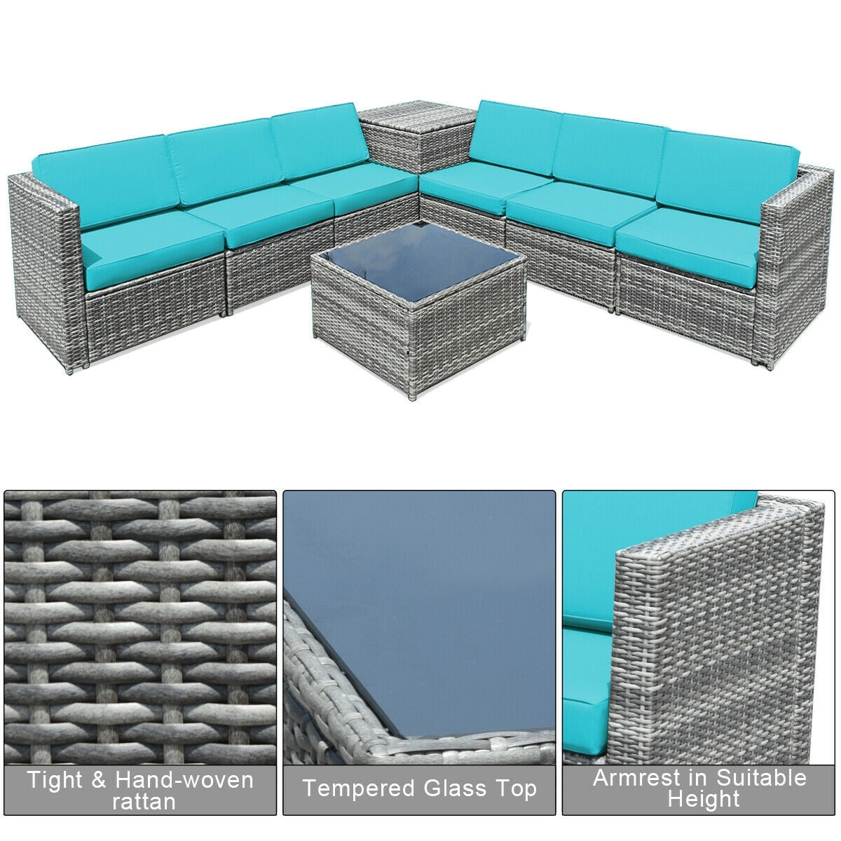 8 Piece Wicker Sofa Rattan Dinning Set Patio Furniture with Storage Table