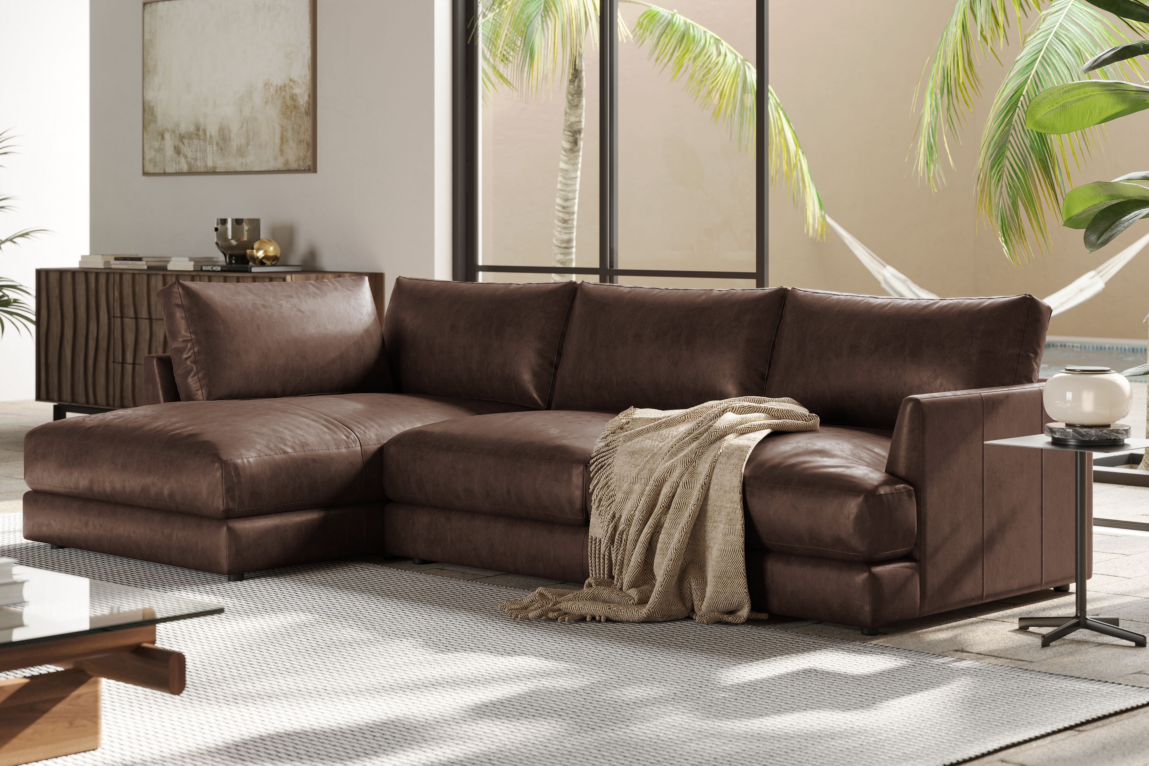 Valencia Serena Leather Three Seats with Left Chaise Sectional Sofa, Brown