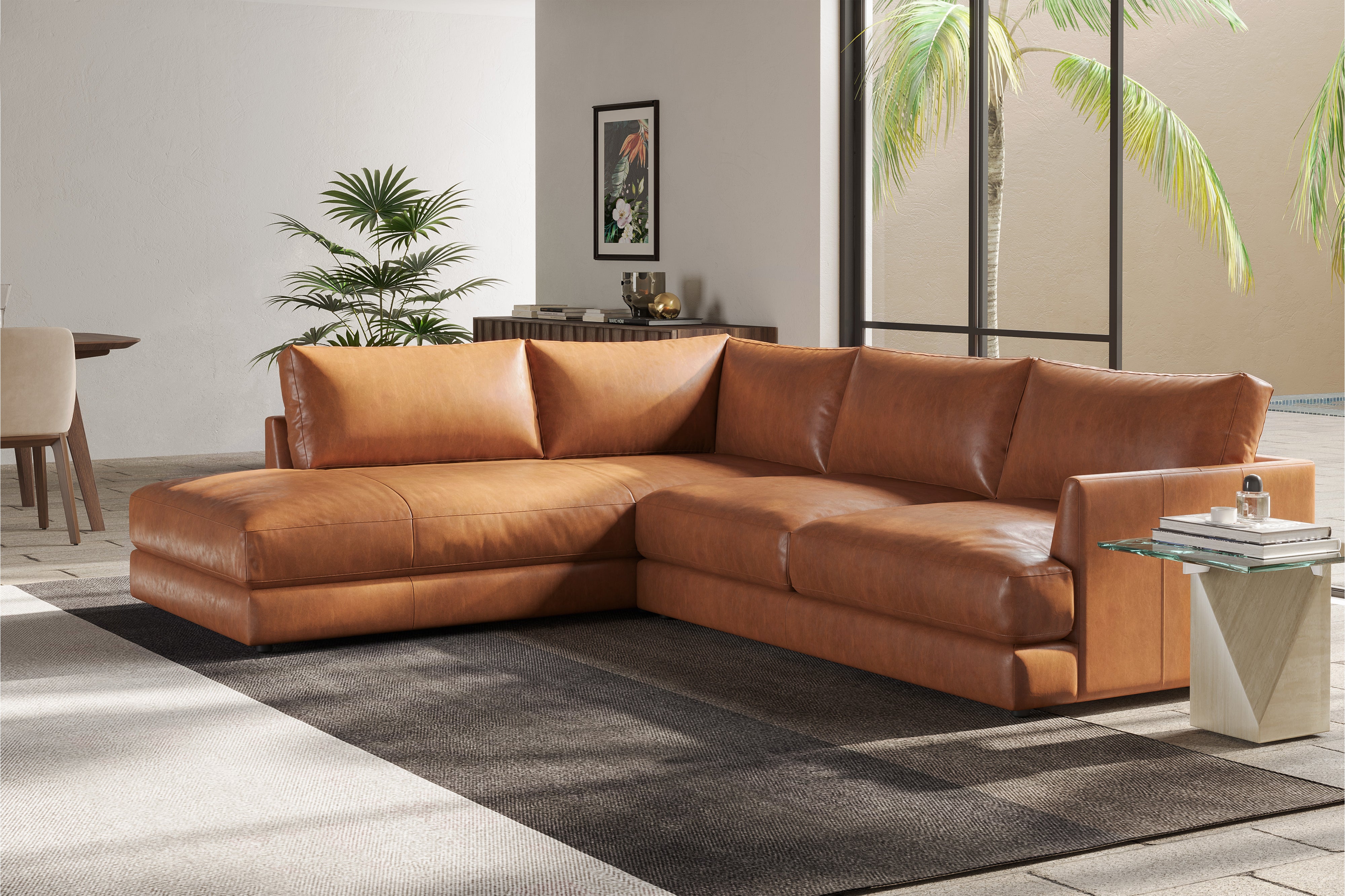 Valencia Serena Leather 2-Piece Left Bumper Chaise Sectional Sofa, Cognac