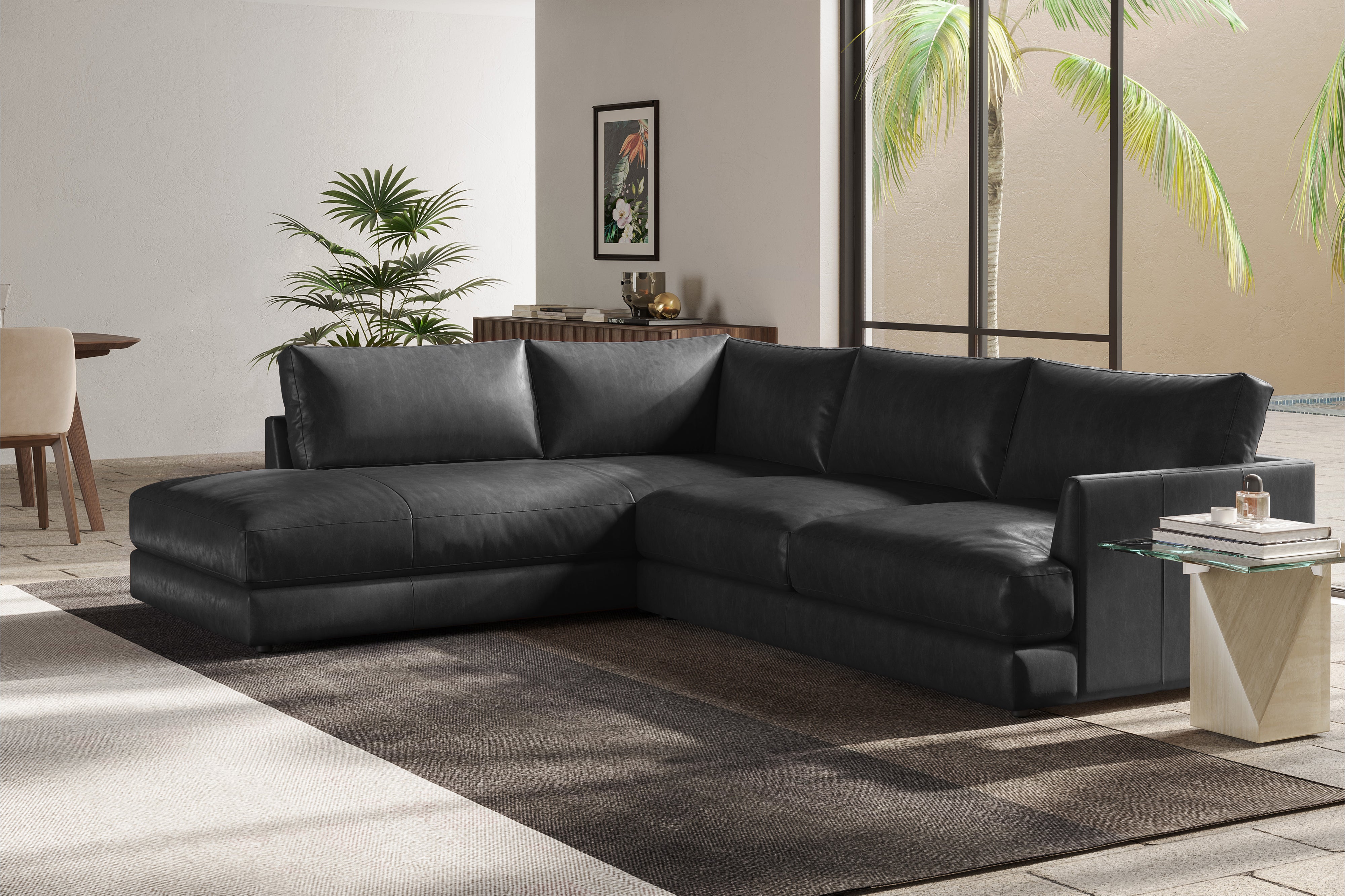 Valencia Serena Leather 2-Piece Left Bumper Chaise Sectional Sofa, Black