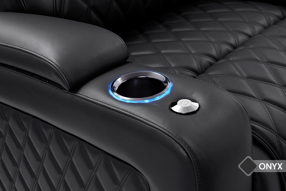 Left-Side, Cup Holder Close-Up View of A Luxurious, Onyx, Wood and Steel Frame, Semi-Aniline Italian Nappa Leather Oslo Luxury Edition Home Theater Seating.