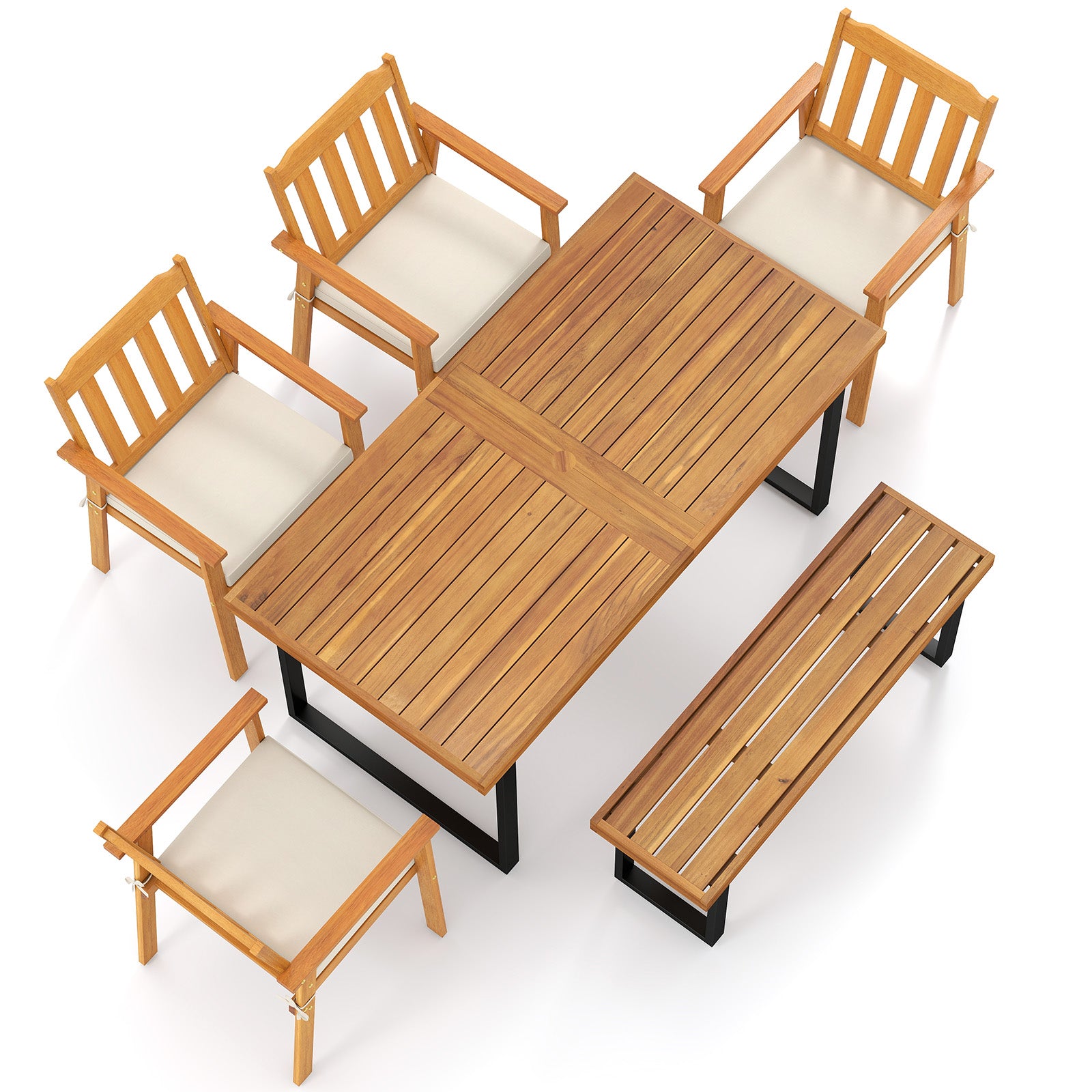 6 Pieces Patio Dining Table Set 63” Rectangle Table with 4 Acacia Wood Armchairs and Backless Bench