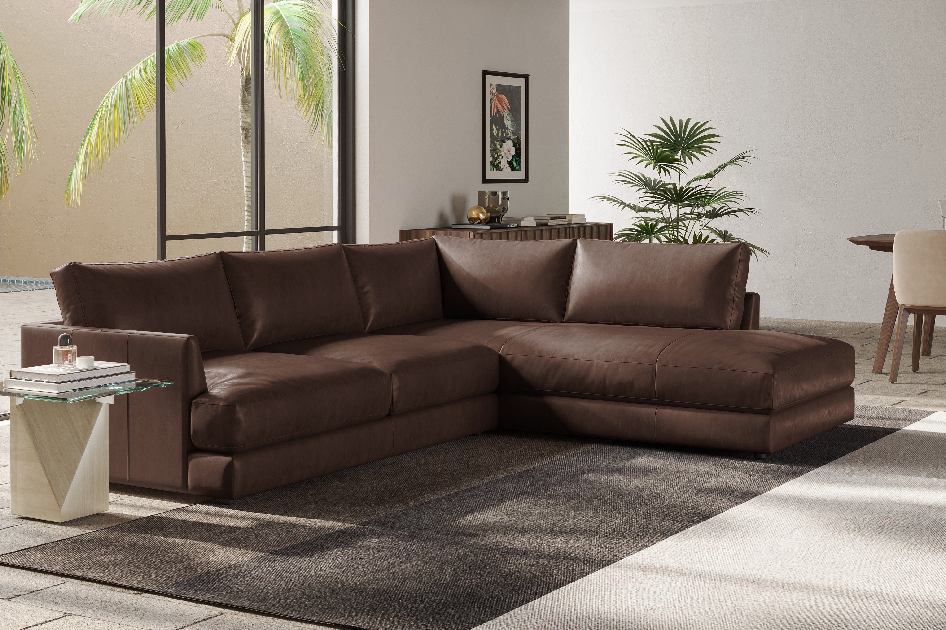 Valencia Serena Leather 2-Piece Right Bumper Chaise Sectional Sofa, Brown