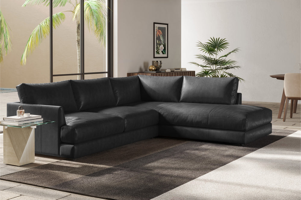 Valencia Serena Leather 2-Piece Right Bumper Chaise Sectional Sofa, Black