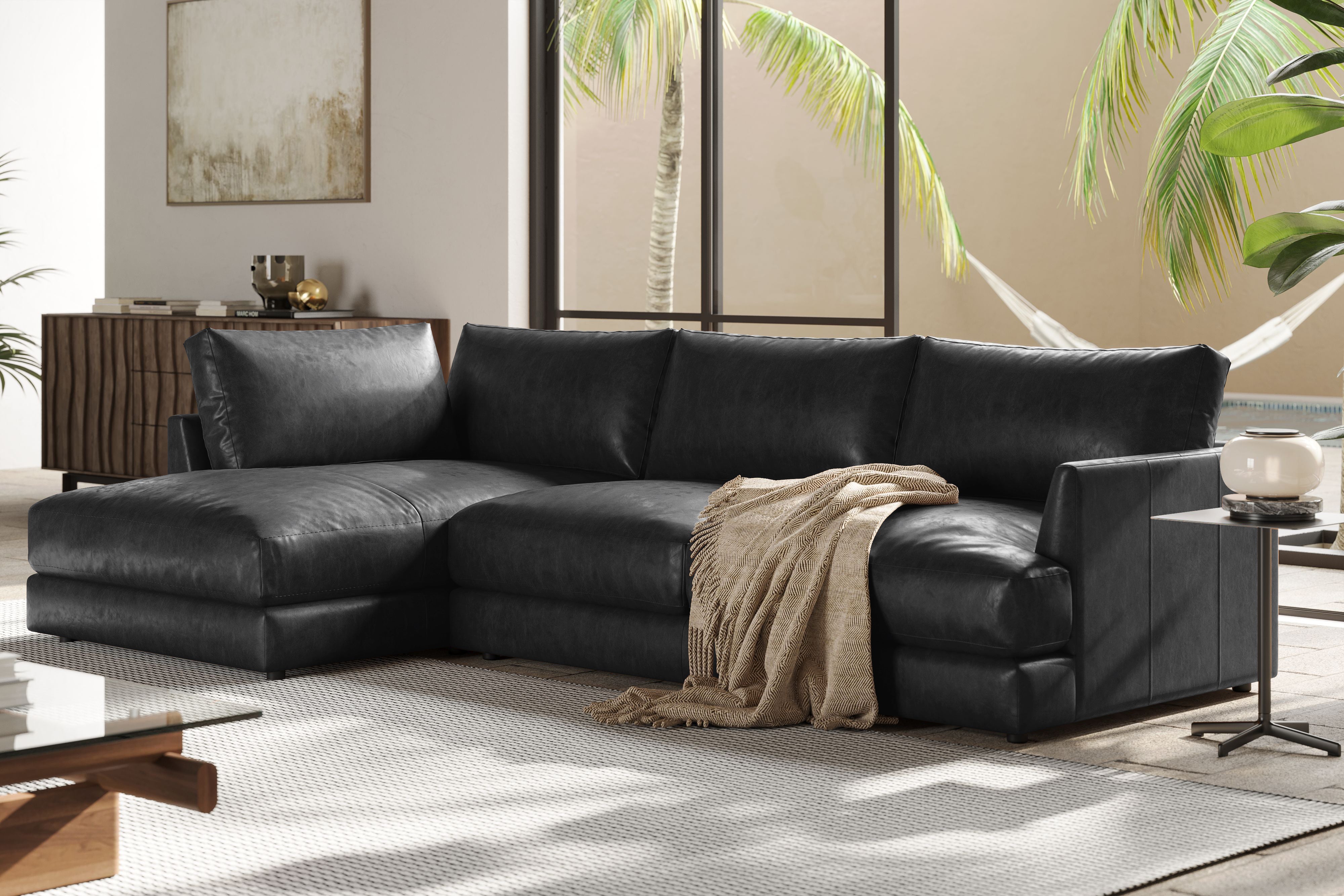 Valencia Serena Leather Three Seats with Left Chaise Sectional Sofa, Black