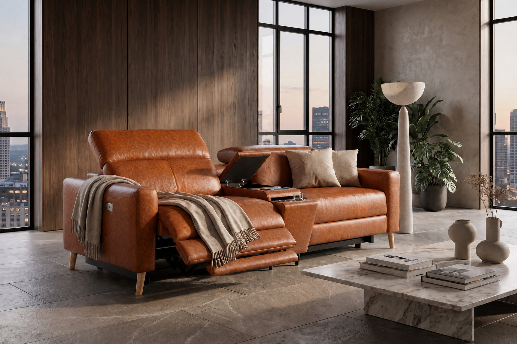 Elodie Distressed Italian Aniline Leather Dual Recliner Sofa with Console