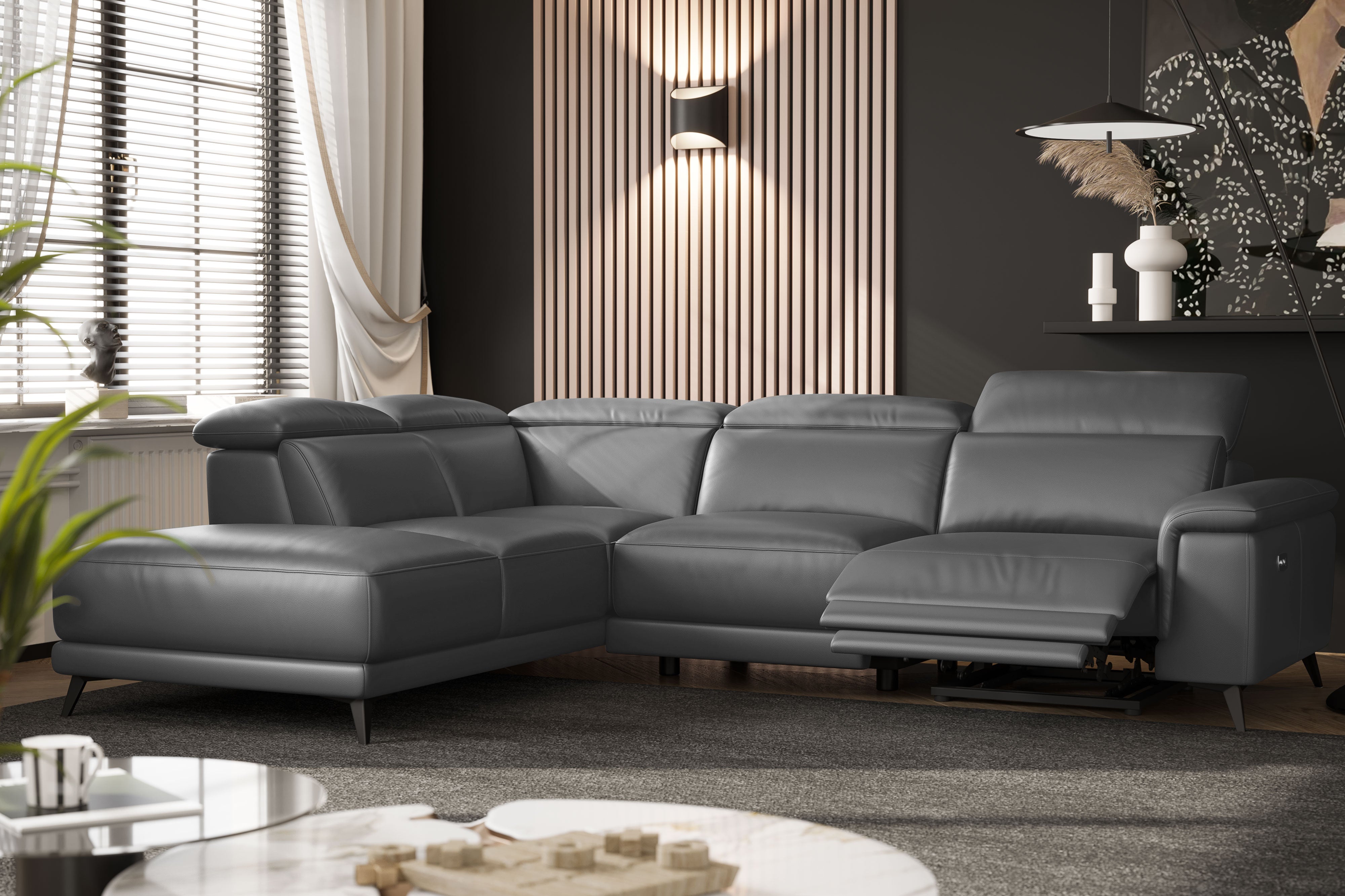 Valencia Pista Modern Top Grain Leather Reclining Sectional Sofa with Left-Hand Facing Chaise, Grey