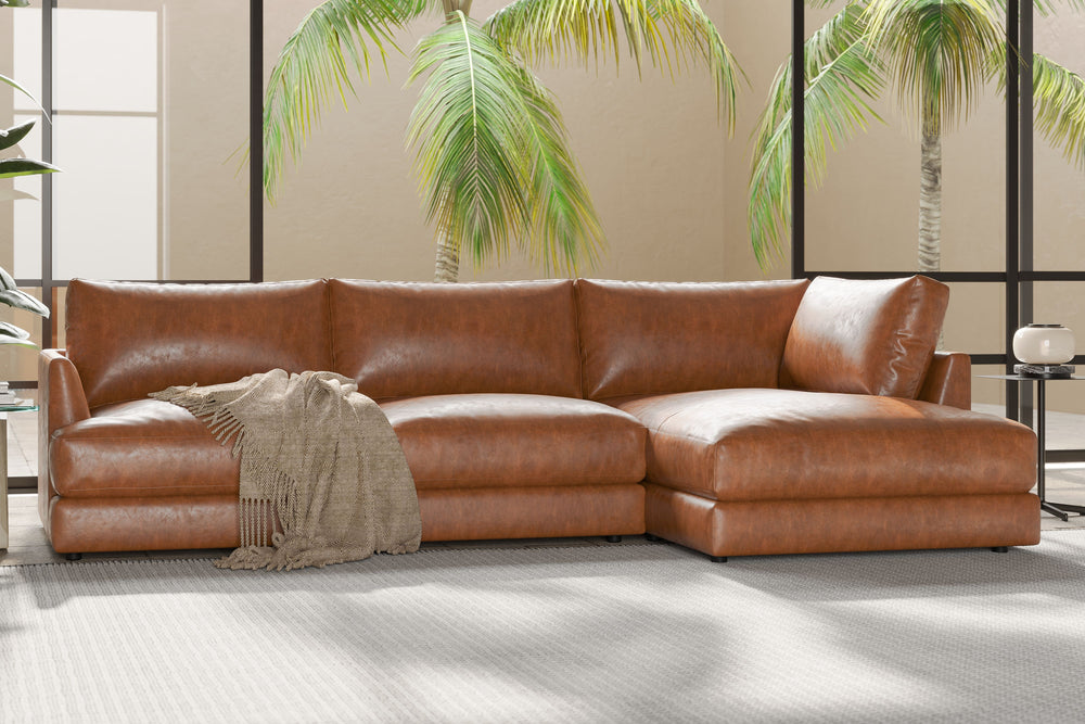 Valencia Serena Leather Three Seats with Right Chaise Sectional Sofa, Cognac