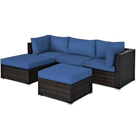 5 Pieces Patio Sectional Rattan Furniture Set with Ottoman Table