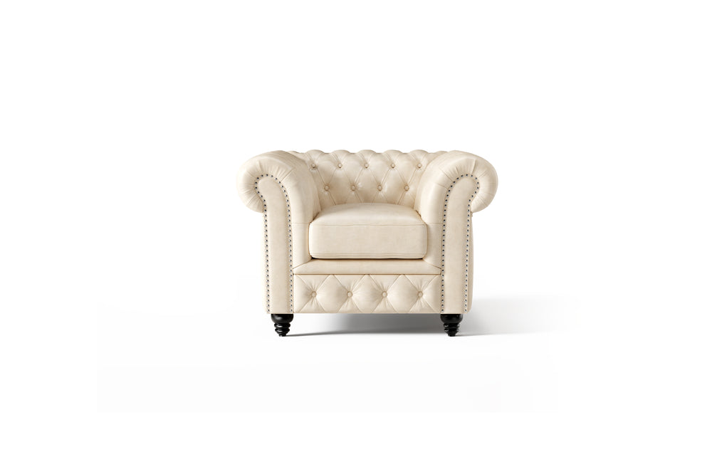 Valencia Parma Full Aniline Leather Chesterfield Single Sofa Accent Chair, Antique White Color