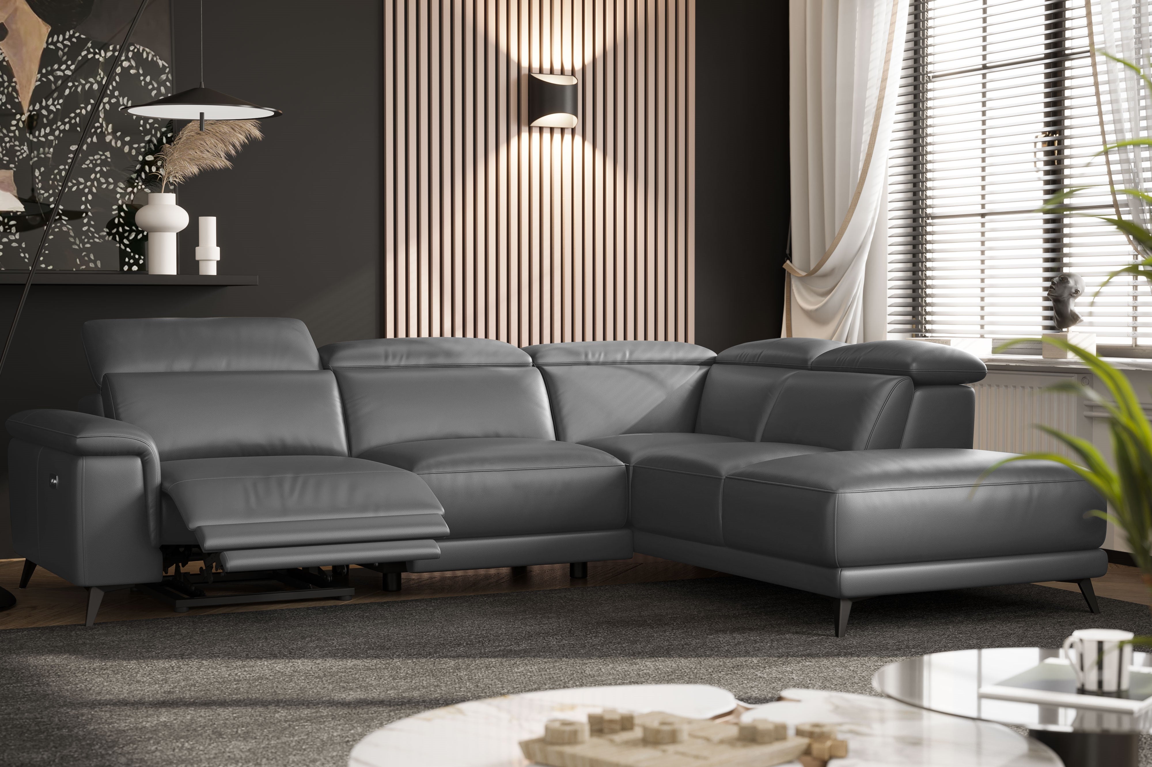 Valencia Pista Modern Top Grain Leather Reclining Sectional Sofa with Right-Hand Facing Chaise, Grey