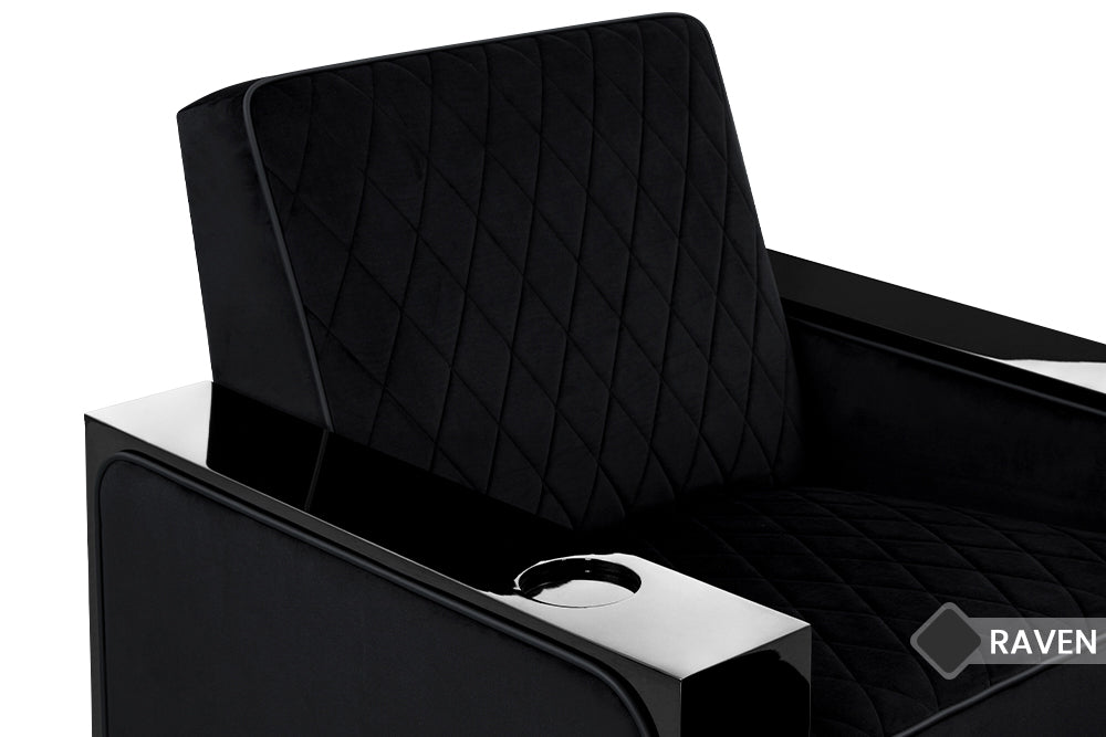 Lumbar Support Close Up View of A Luxurious, Raven, Piano Black Wood Frame, Naples Prestige Italian Leather Chair.