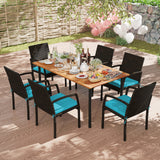 7 Pieces Outdoor Dining Set Acacia Wood Table with Umbrella Hole and Cushions