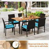 7 Pieces Outdoor Dining Set Acacia Wood Table with Umbrella Hole and Cushions