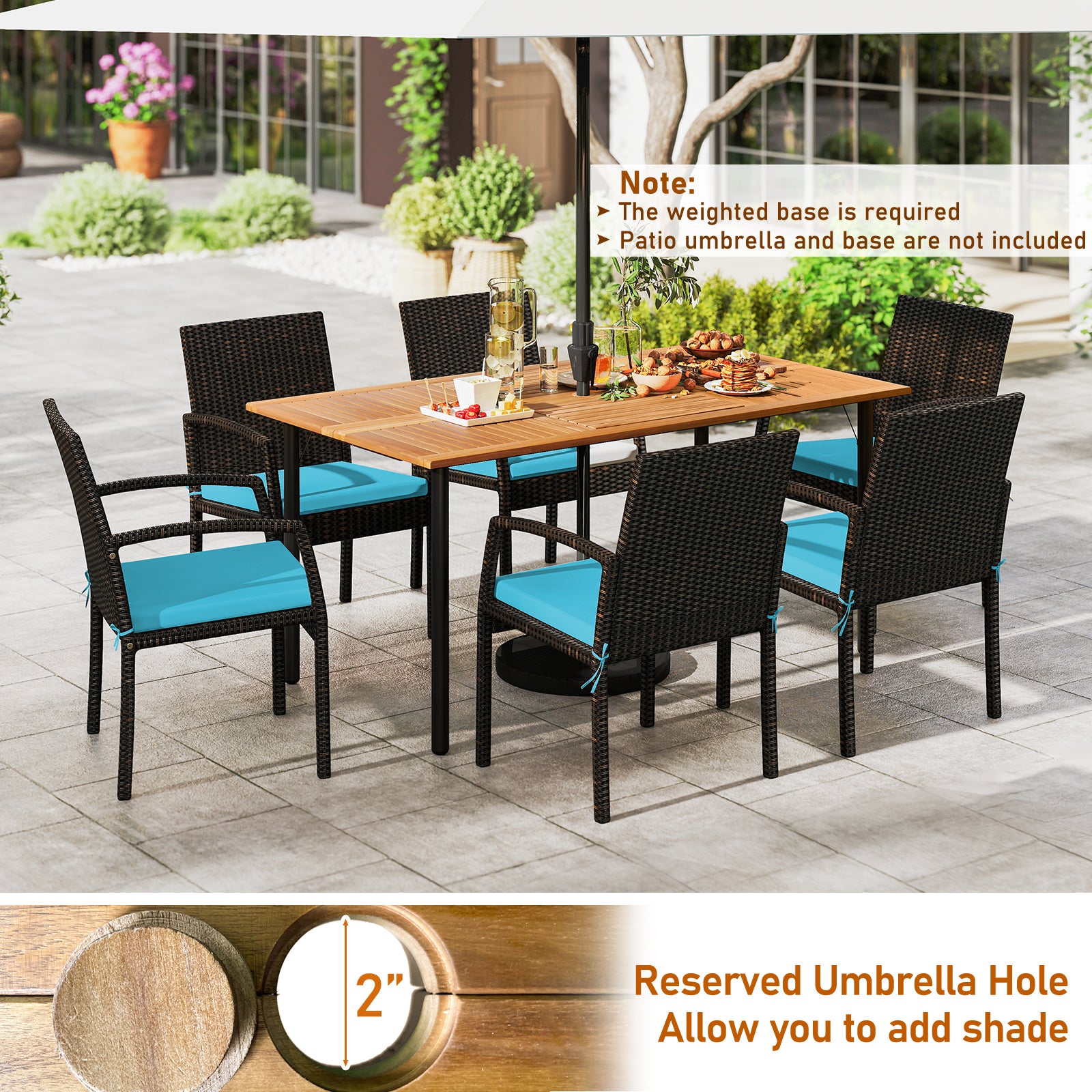 7 Pieces Outdoor Dining Set Acacia Wood Table with Umbrella Hole and Cushions