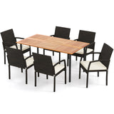 7 Pieces Outdoor Dining Set Acacia Wood Table with Umbrella Hole and Cushions