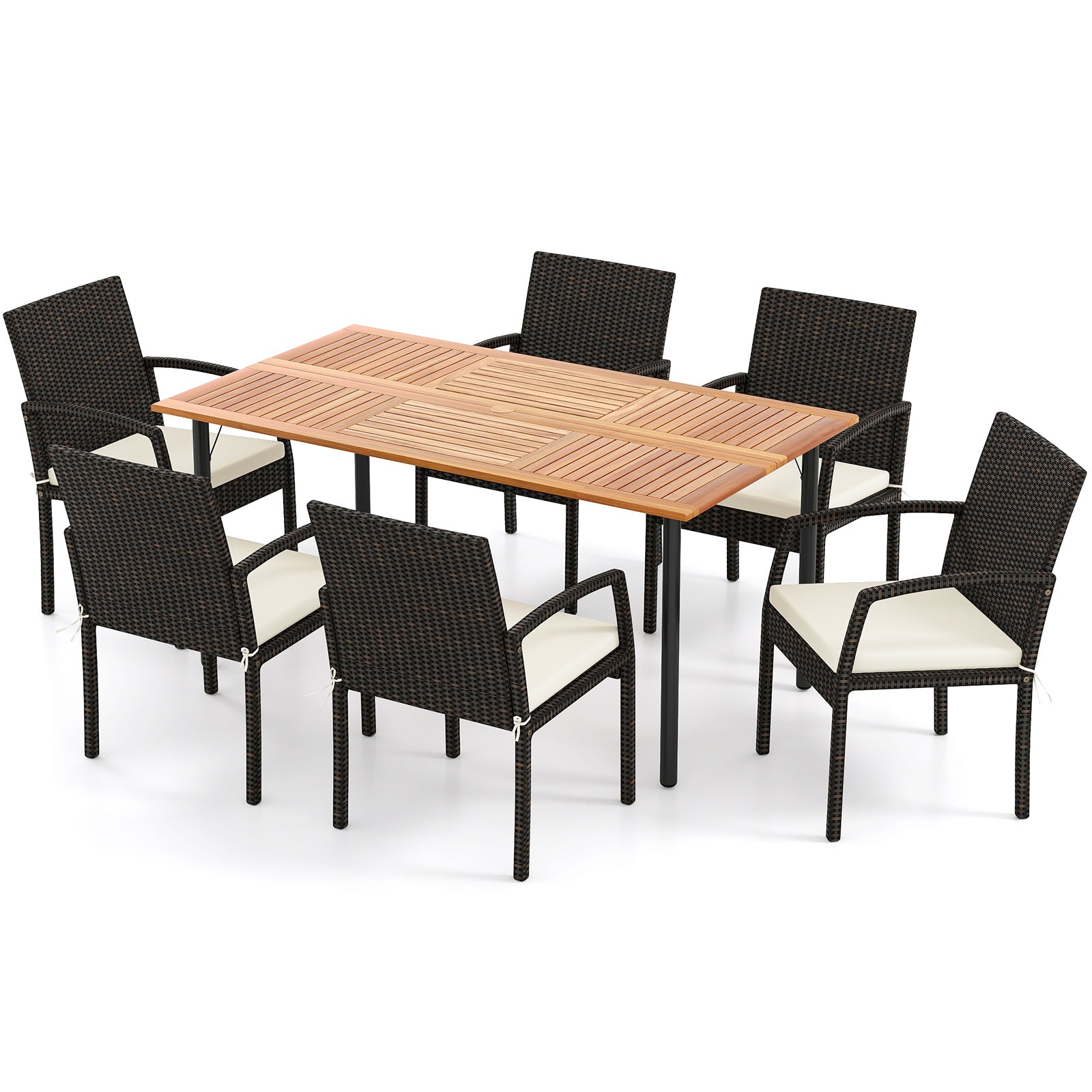 7 Pieces Outdoor Dining Set Acacia Wood Table with Umbrella Hole and Cushions