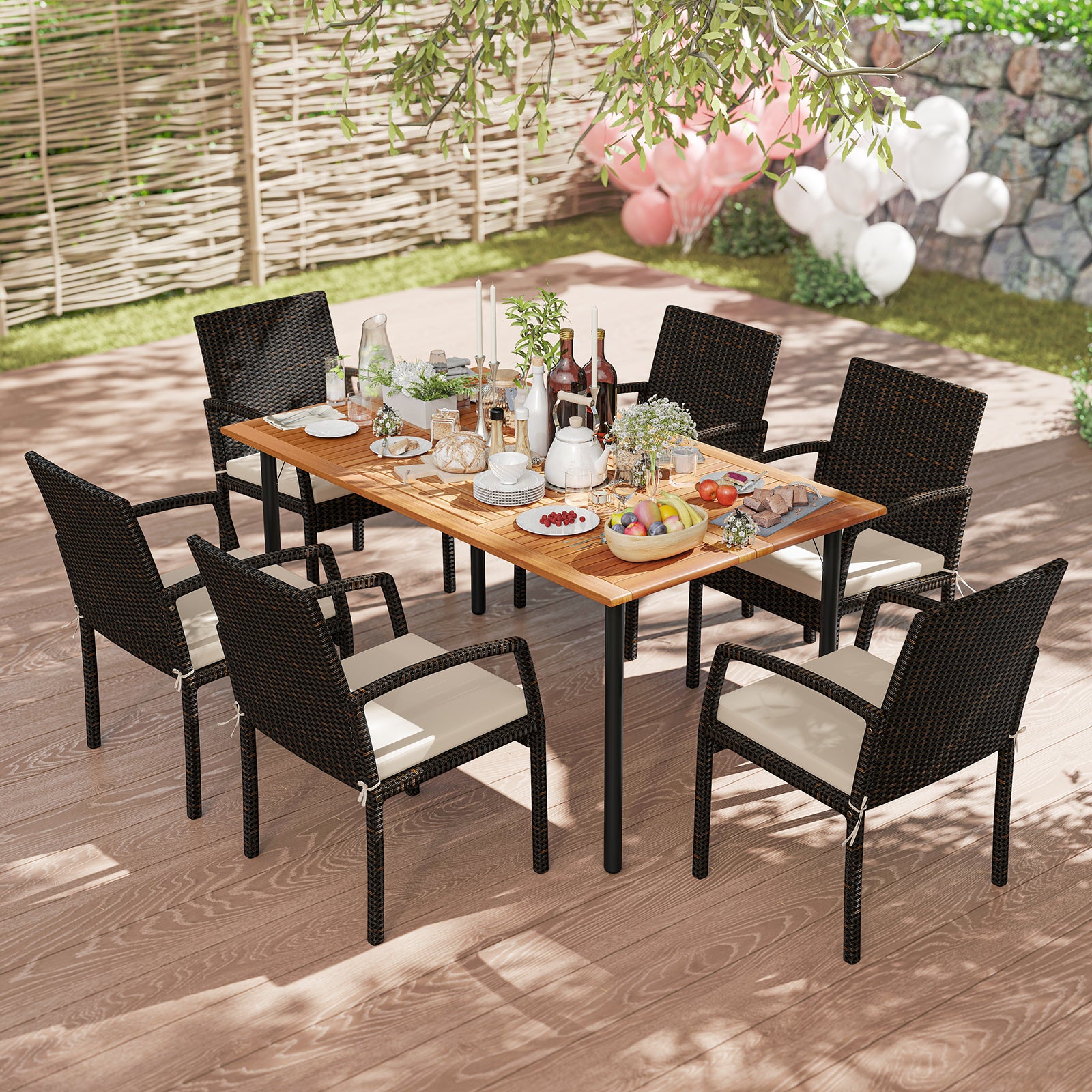 7 Pieces Outdoor Dining Set Acacia Wood Table with Umbrella Hole and Cushions