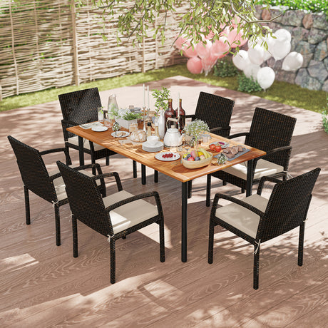 7 Pieces Outdoor Dining Set Acacia Wood Table with Umbrella Hole and Cushions