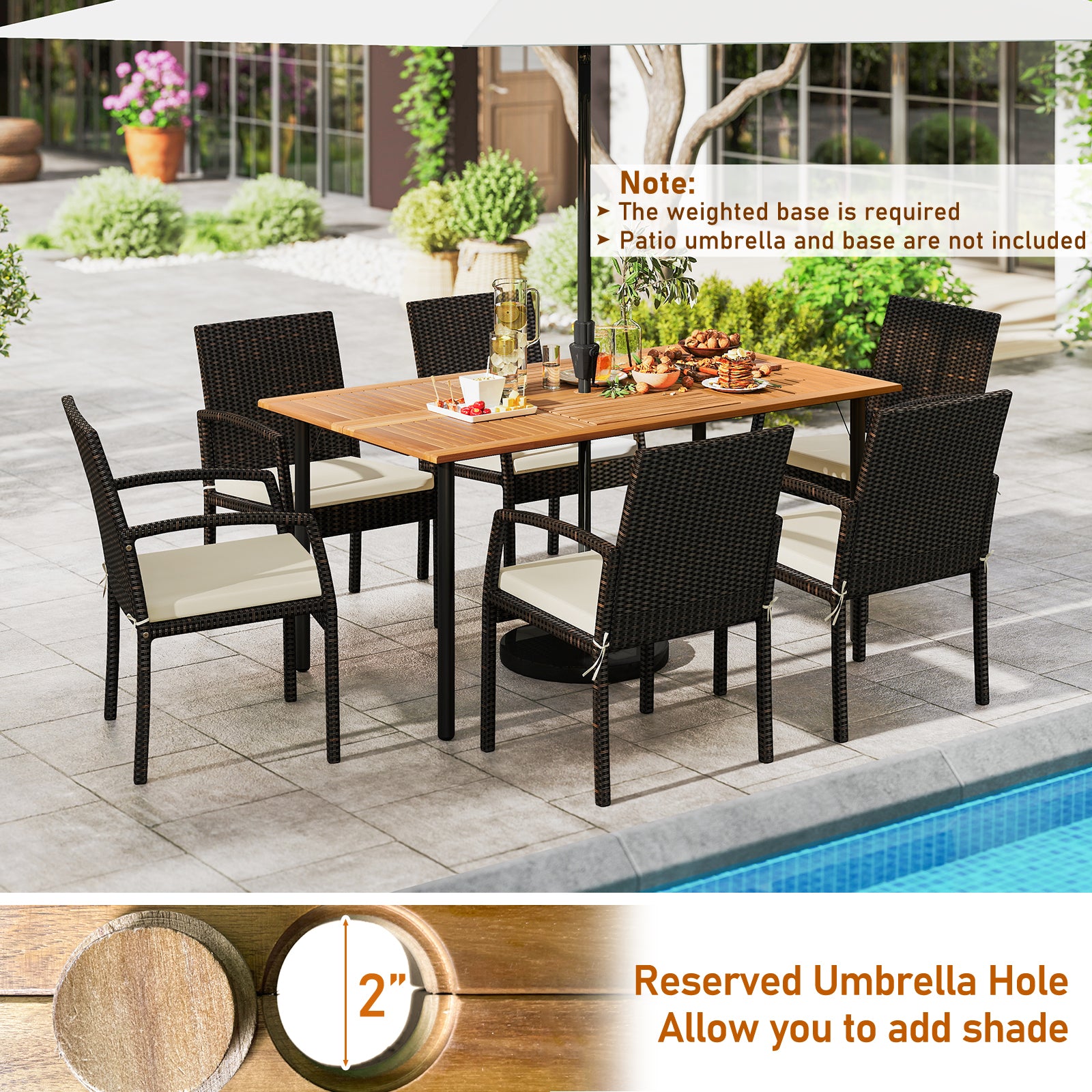 7 Pieces Outdoor Dining Set Acacia Wood Table with Umbrella Hole and Cushions