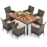7 Pieces Patio Acacia Wood Cushioned PE Rattan Wicker Dining Set for Patio