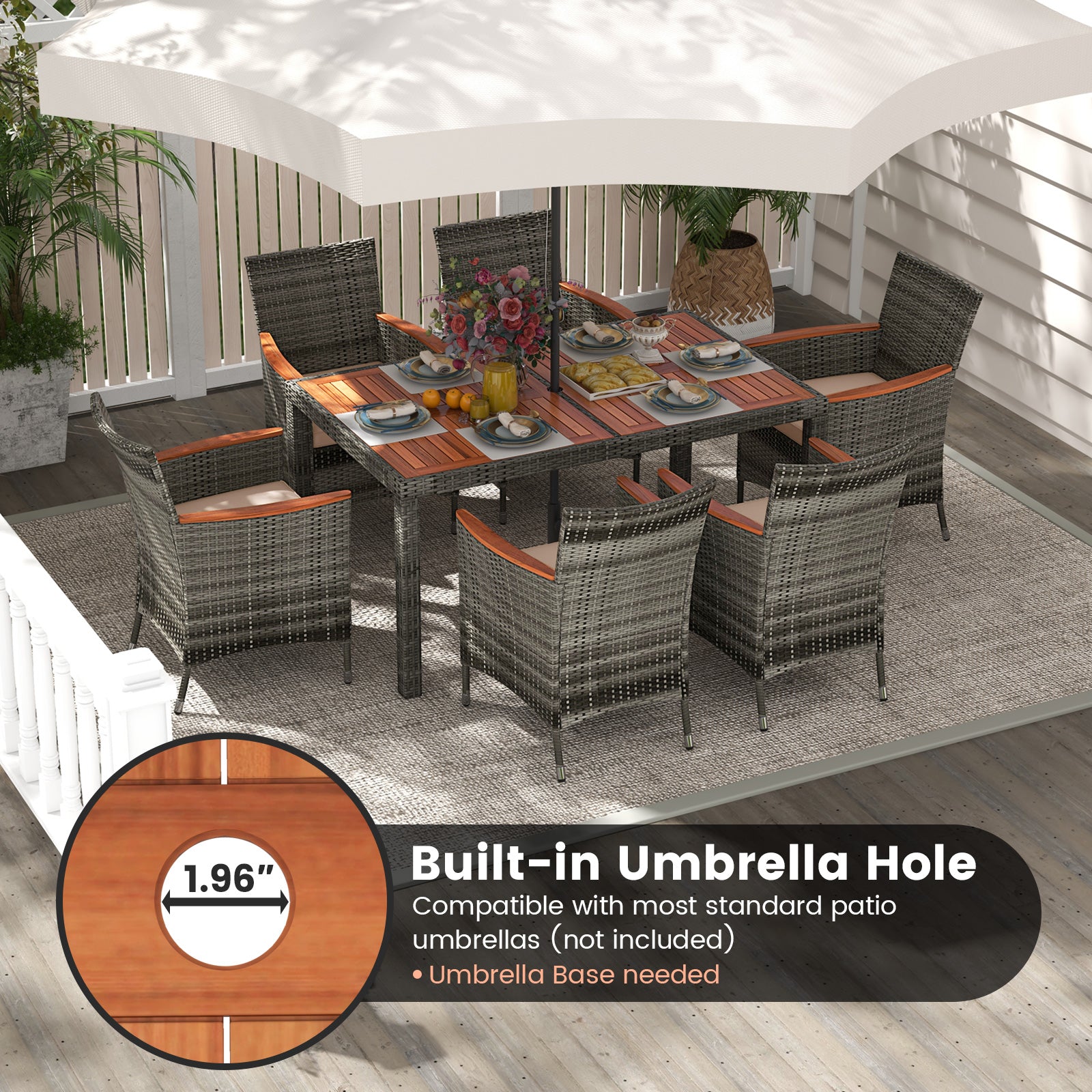 7 Pieces Patio Acacia Wood Cushioned PE Rattan Wicker Dining Set for Patio