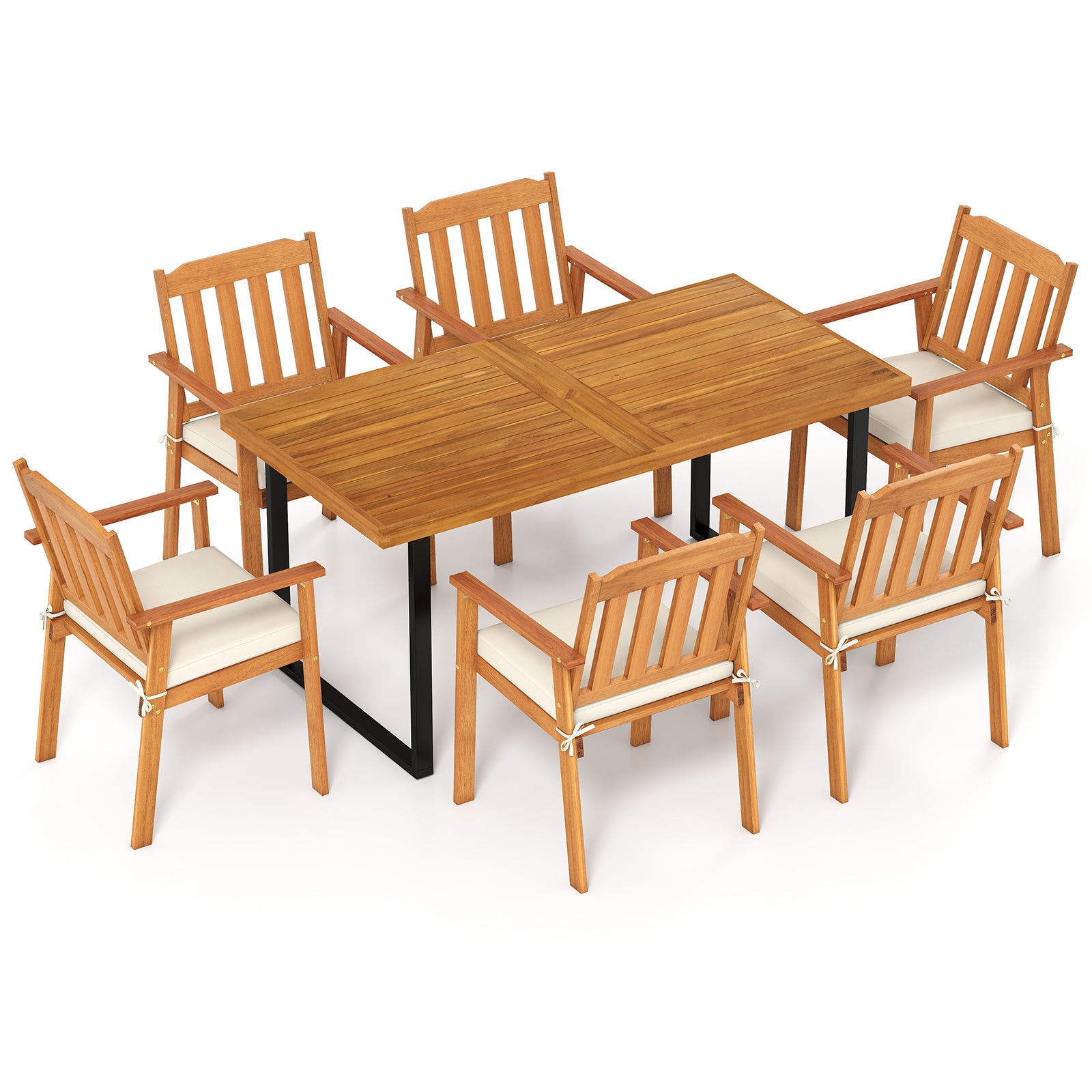 7 Pieces Patio Dining Table Set 63” Rectangle Table and 6 Acacia Wood Armchairs