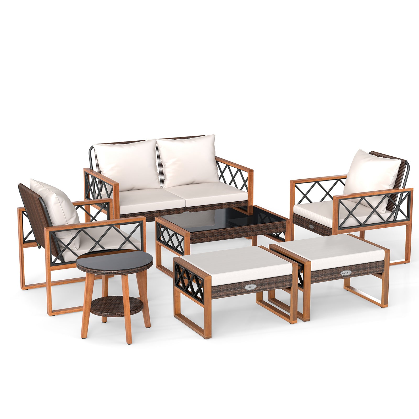 7 Pieces Patio Furniture Set PE Wicker Acacia Wood Outdoor Conversation Set-Natural