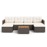 7 Pieces Wicker Conversation Set with Wood Armrests for Backyard