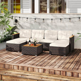 7 Pieces Wicker Conversation Set with Wood Armrests for Backyard