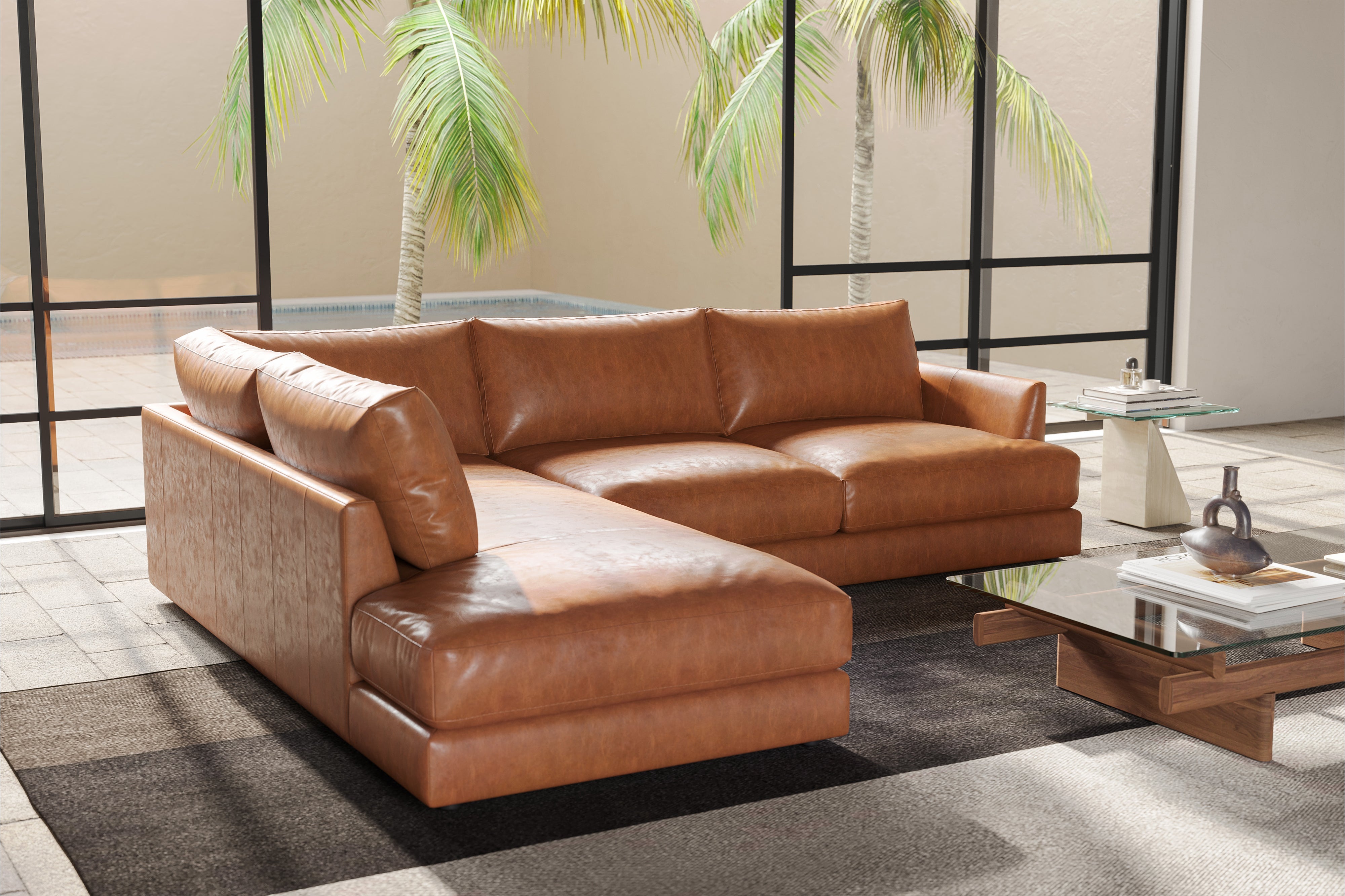 Valencia Serena Leather 2-Piece Left Bumper Chaise Sectional Sofa, Cognac