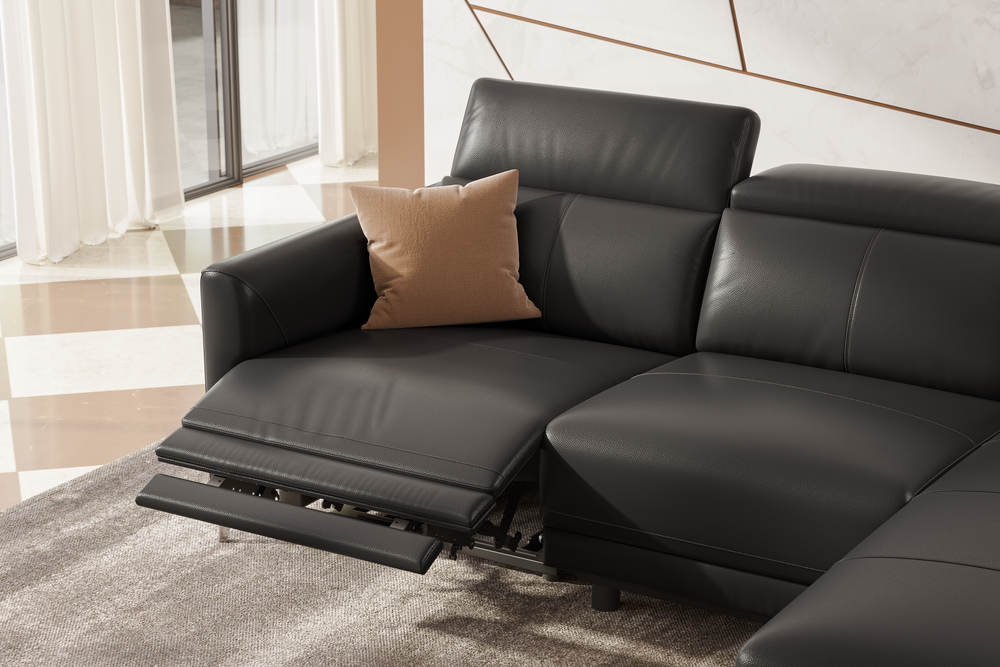 Valencia Andria Modern Right Hand Facing Top Grain Leather Reclining Sectional Sofa, Black Color