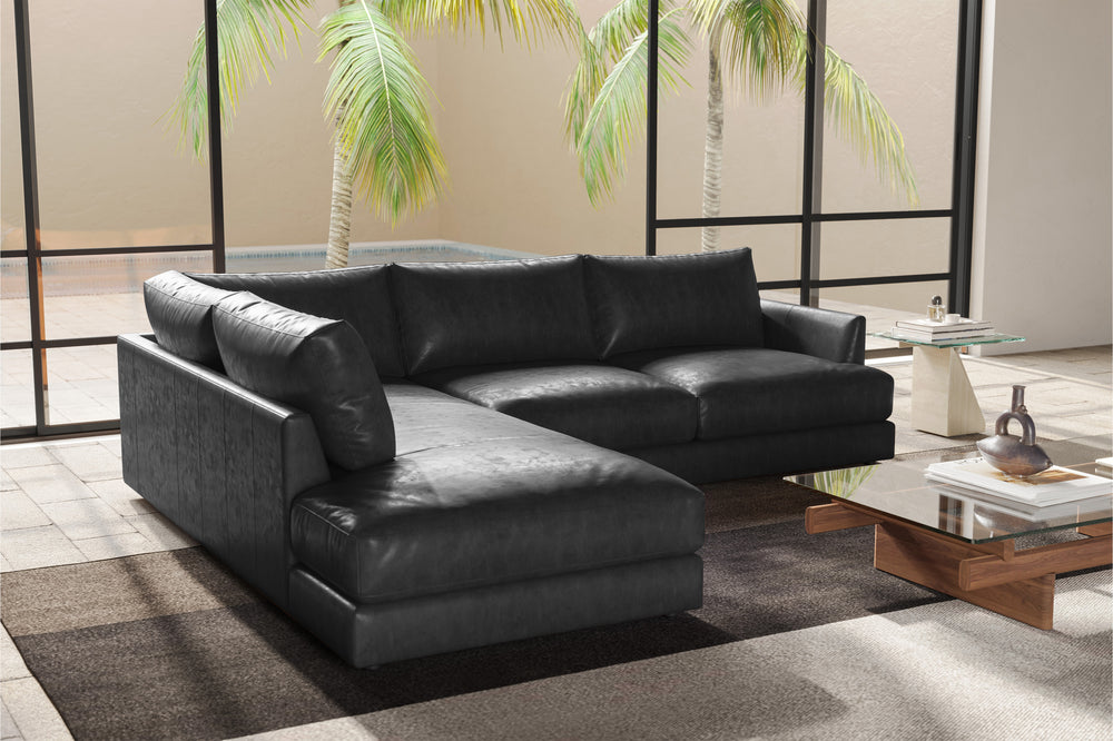 Valencia Serena Leather L-shape with Left Chaise Sectional Sofa, Black