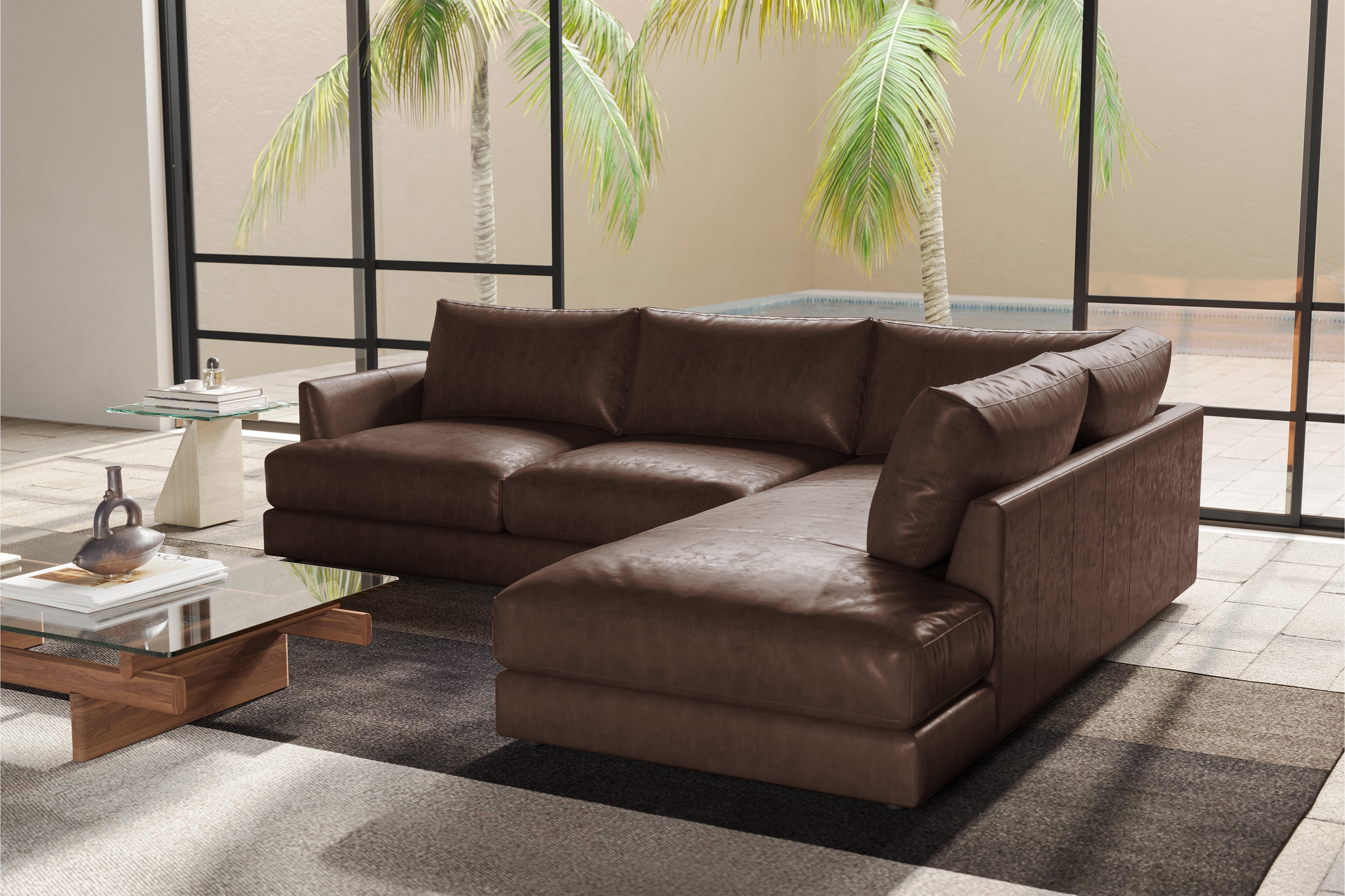 Valencia Serena Leather 2-Piece Right Bumper Chaise Sectional Sofa, Brown