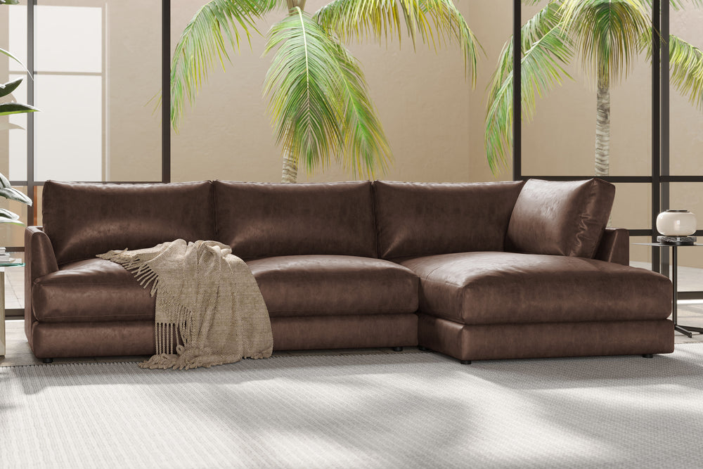 Valencia Serena Leather Three Seats with Right Chaise Sectional Sofa, Brown