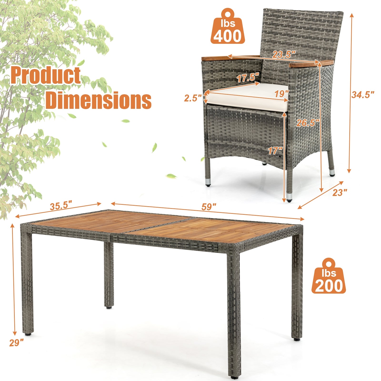 7 Pieces Patio Acacia Wood Cushioned PE Rattan Wicker Dining Set