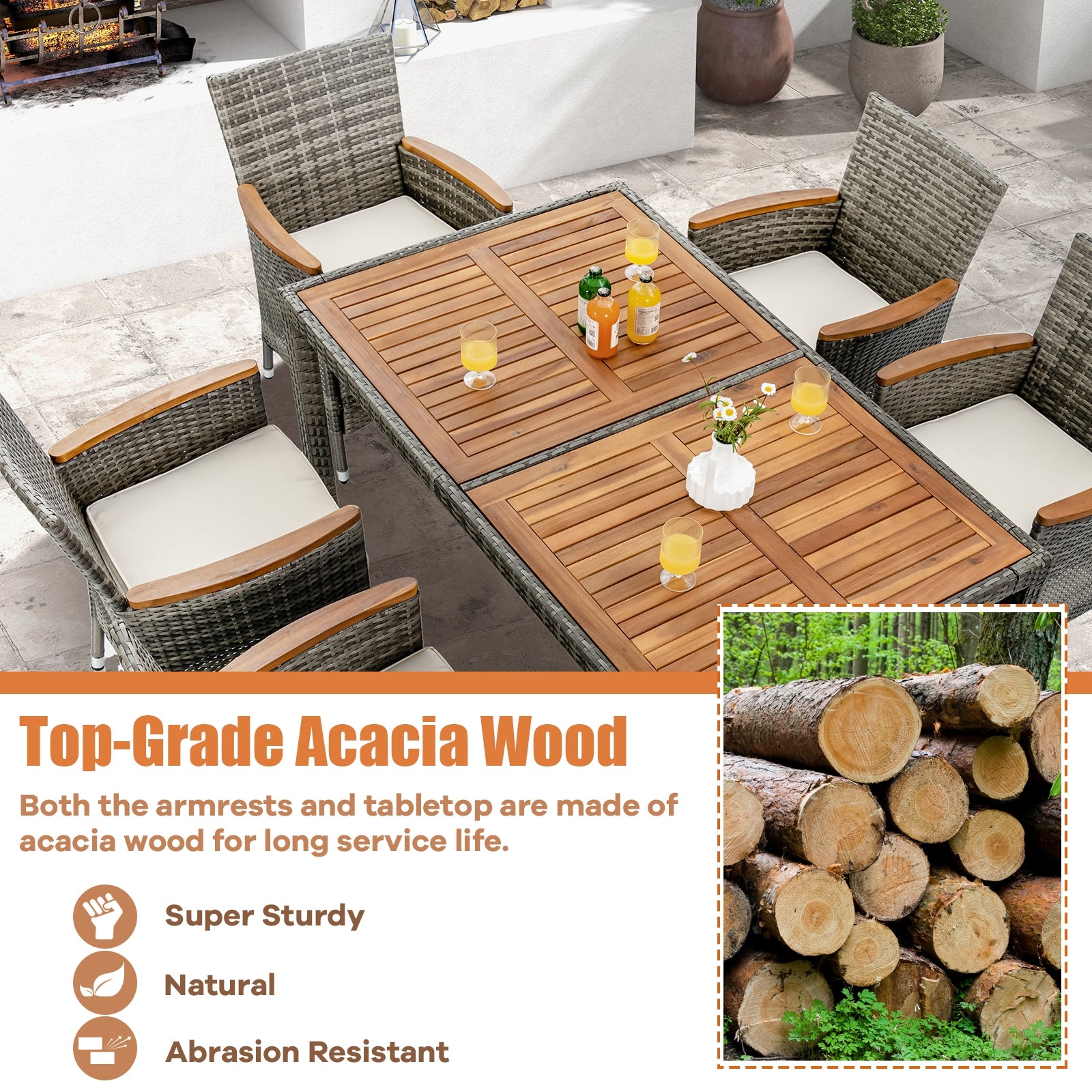 7 Pieces Patio Acacia Wood Cushioned PE Rattan Wicker Dining Set