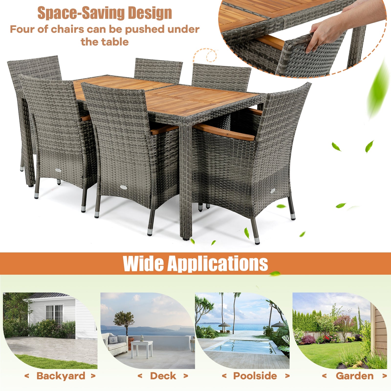 7 Pieces Patio Acacia Wood Cushioned PE Rattan Wicker Dining Set