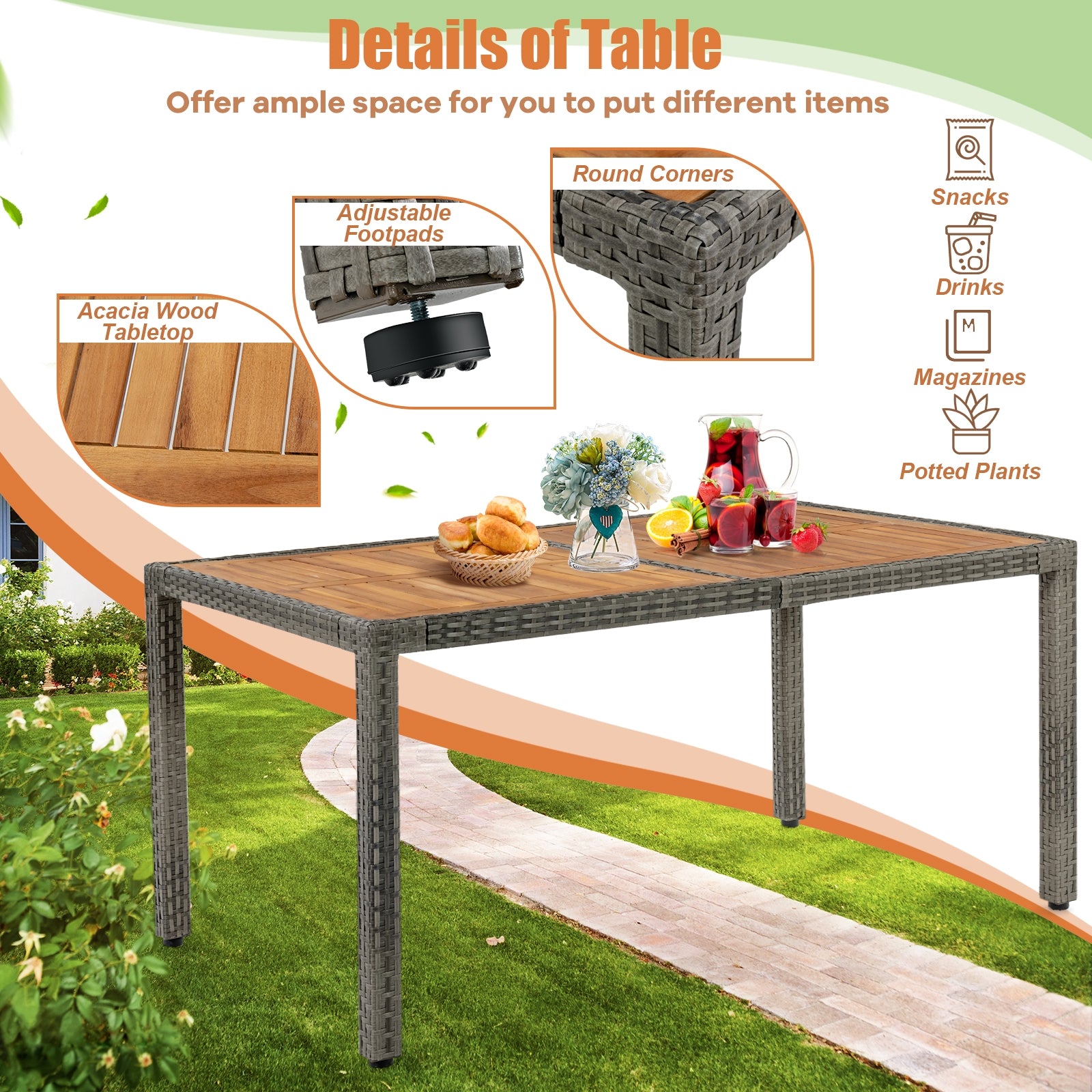 7 Pieces Patio Acacia Wood Cushioned PE Rattan Wicker Dining Set