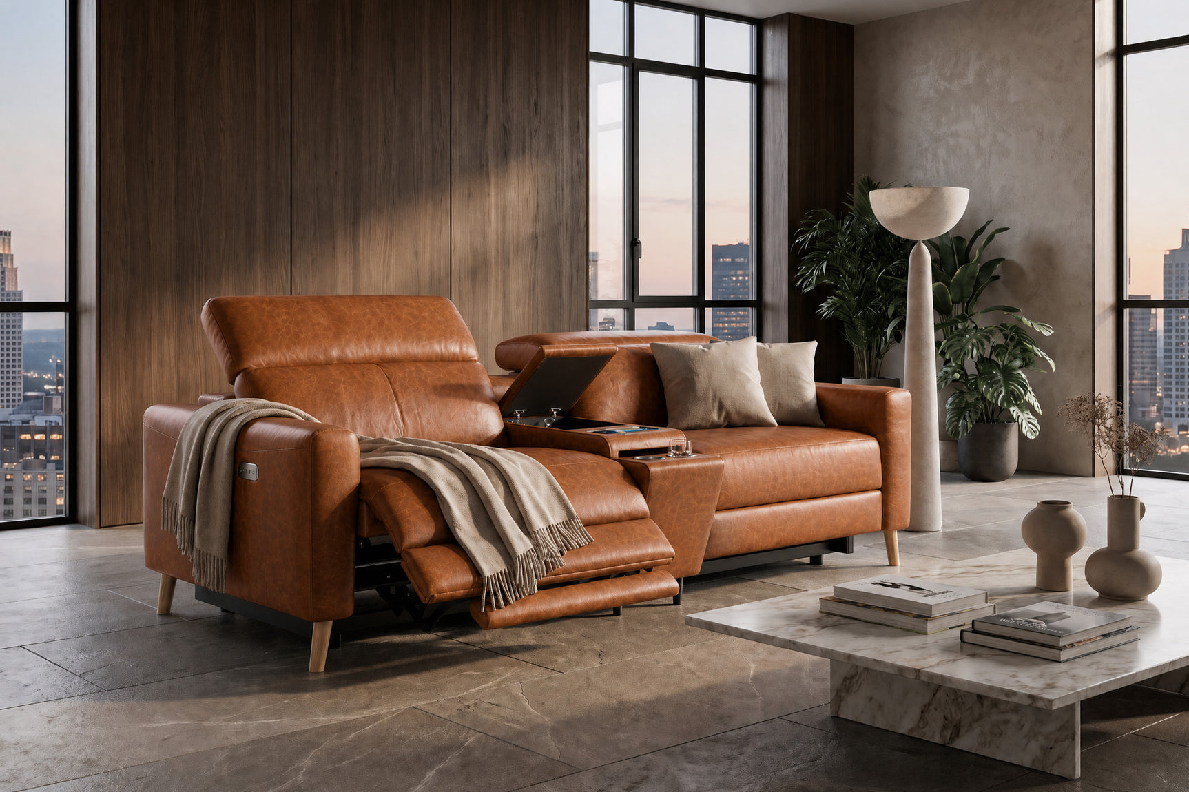 Elodie Distressed Italian Aniline Leather Dual Recliner Sofa with Console