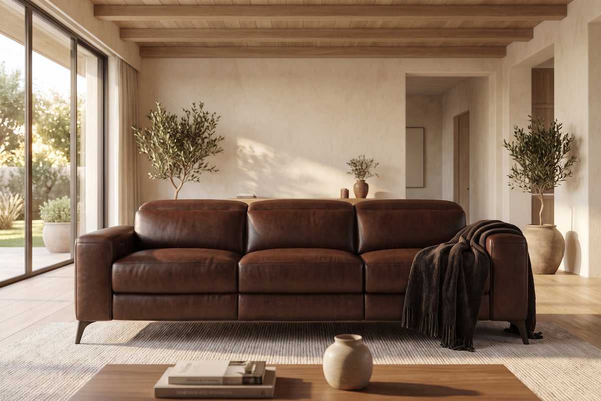 Esther Distressed Italian Aniline Leather Power Dual Recliner Sofa