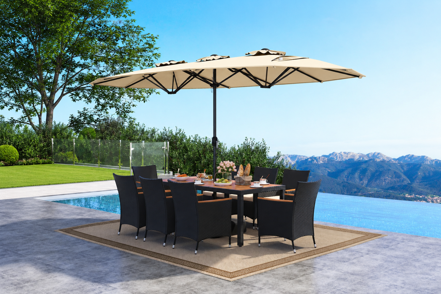 10 Piece Outdoor Dining Set with 15 Feet Double-Sided Twin Umbrella